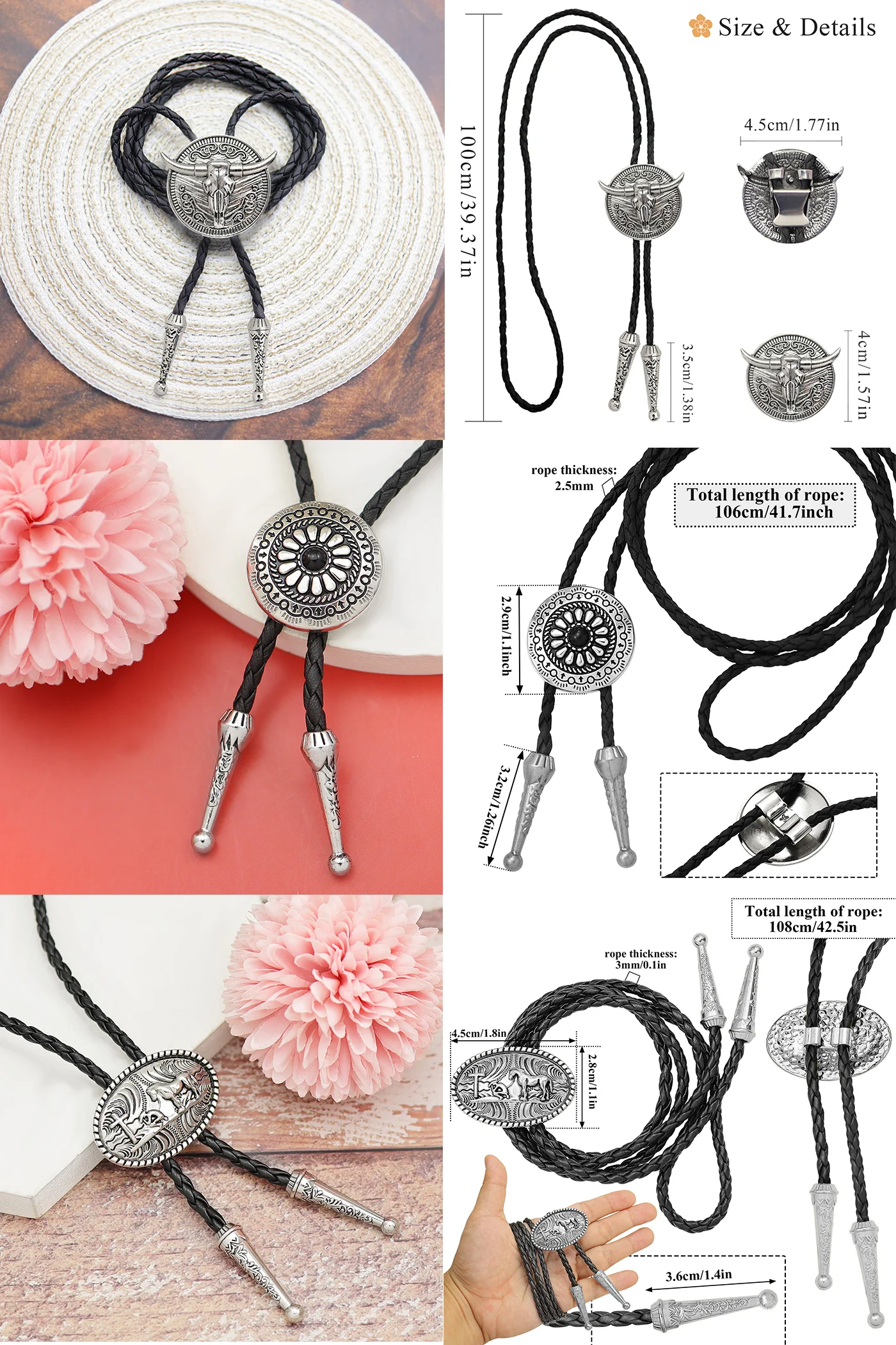Vintage Leder Seil Bolo Krawatte für Männer Frauen Western Cowboy Krawatte Balo Krawatte Bull Kreuz Kreuz Stern Anhänger Mode Halskette – Detail 1