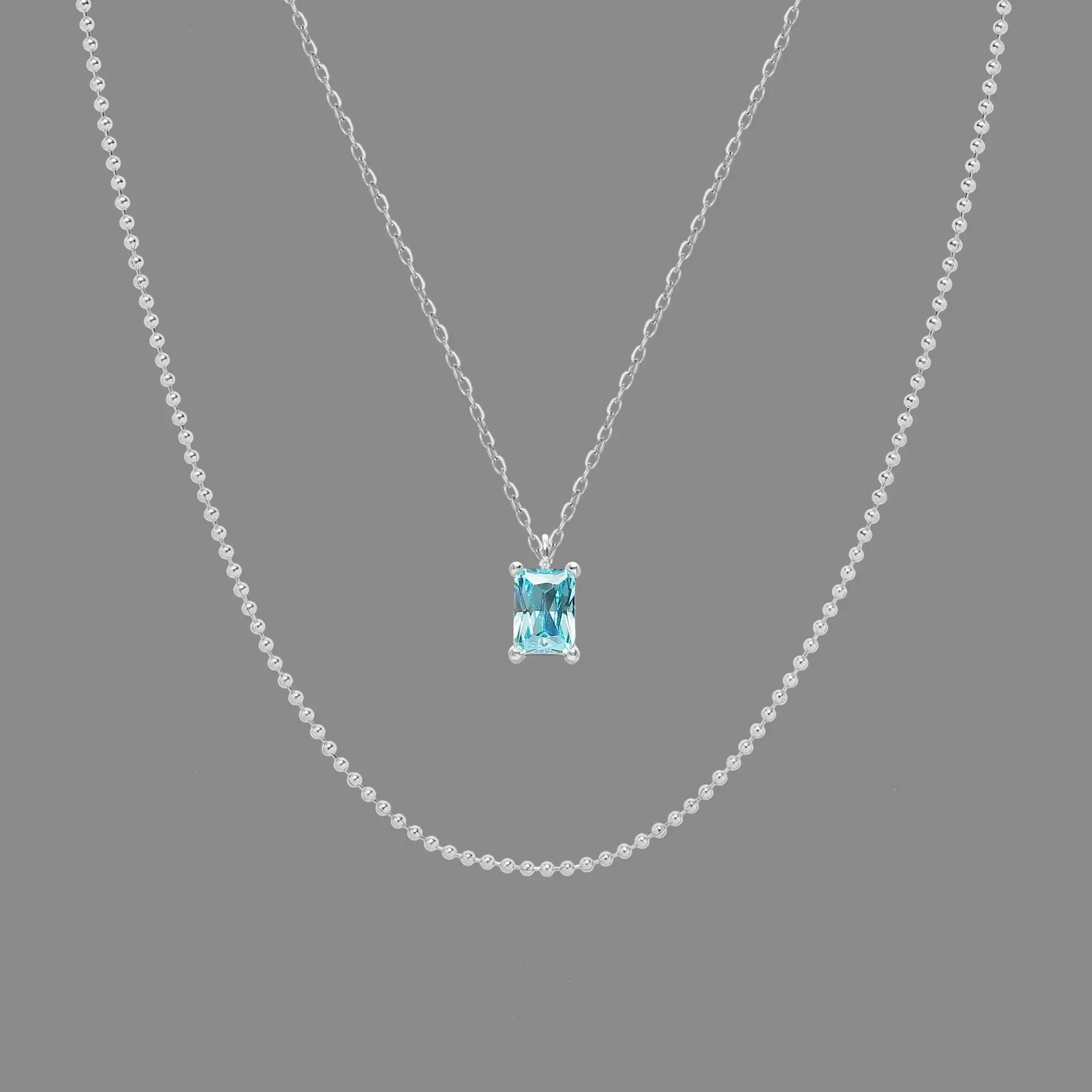 

RHYSONG Layered Beads Chain Sea Blue Cubic Zirconia Square Pendant Stylish Women Necklace Stainless Steel Silver Color Jewelry