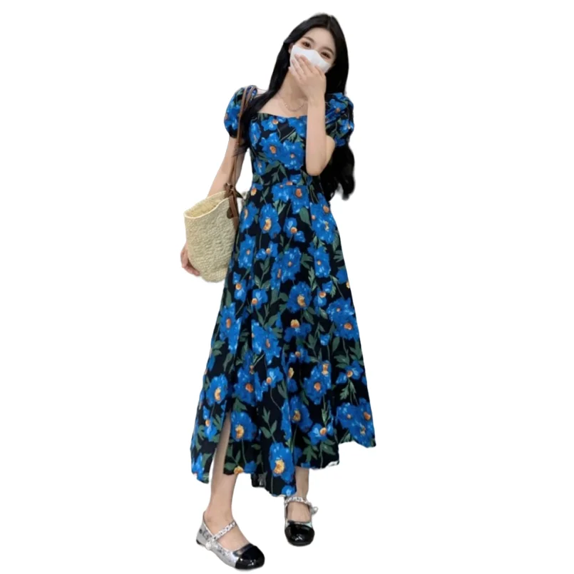 

Korean Summer Long Dress Elegant Blue Print Slit Dresses for Women 2024 Casual Puff Sleeves Vestidos High Street Fashion Dress