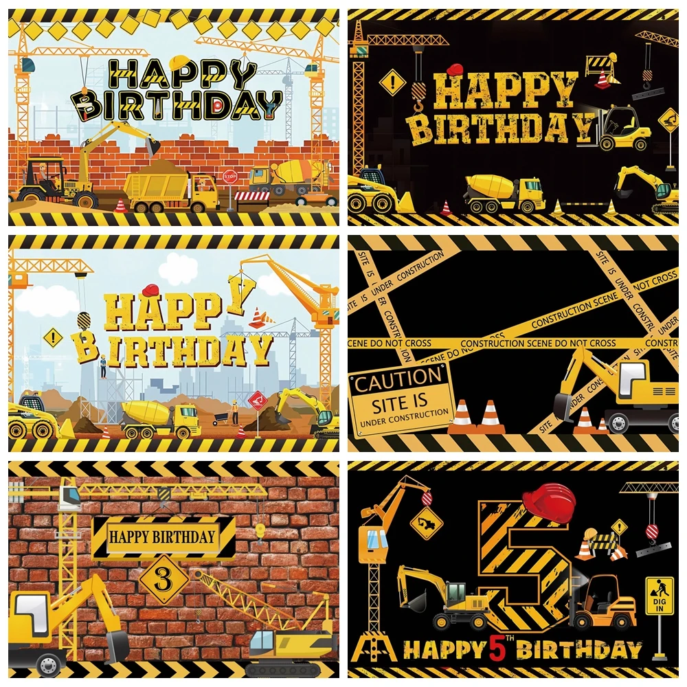ฉากหลังของทีมก่อสร้างเครื่องขุดพื้นหลังภาพบุคคลสำหรับเด็กทารกของตกแต่งปาร์ตี้วันเกิดปรับแต่งการจราจรได้ตามต้องการ