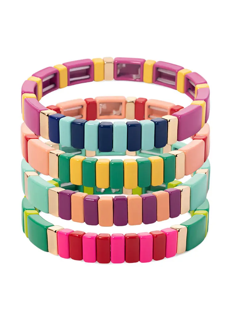 2023 vendita calda nuovo stile creativo colorato quadrato lega gioielli bohémien piastrelle smalto bracciali donna elastico braccialetto accessori