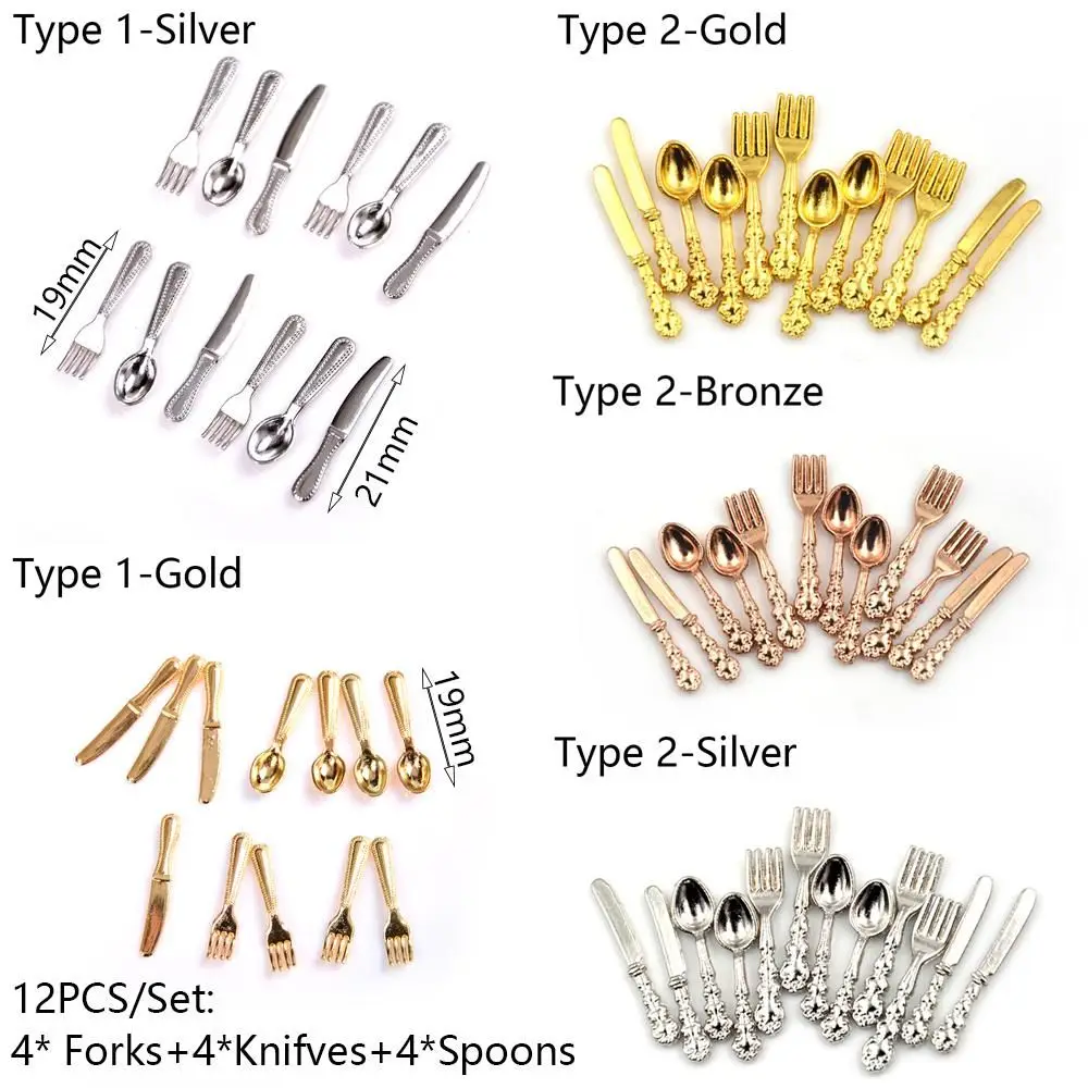 12Pcs Miniature Cookware Toy Dollhouse Furniture Gold Silver 1:12 Scale Simulation Mini Cutlery Doll Accessory Fork Knife Spoon