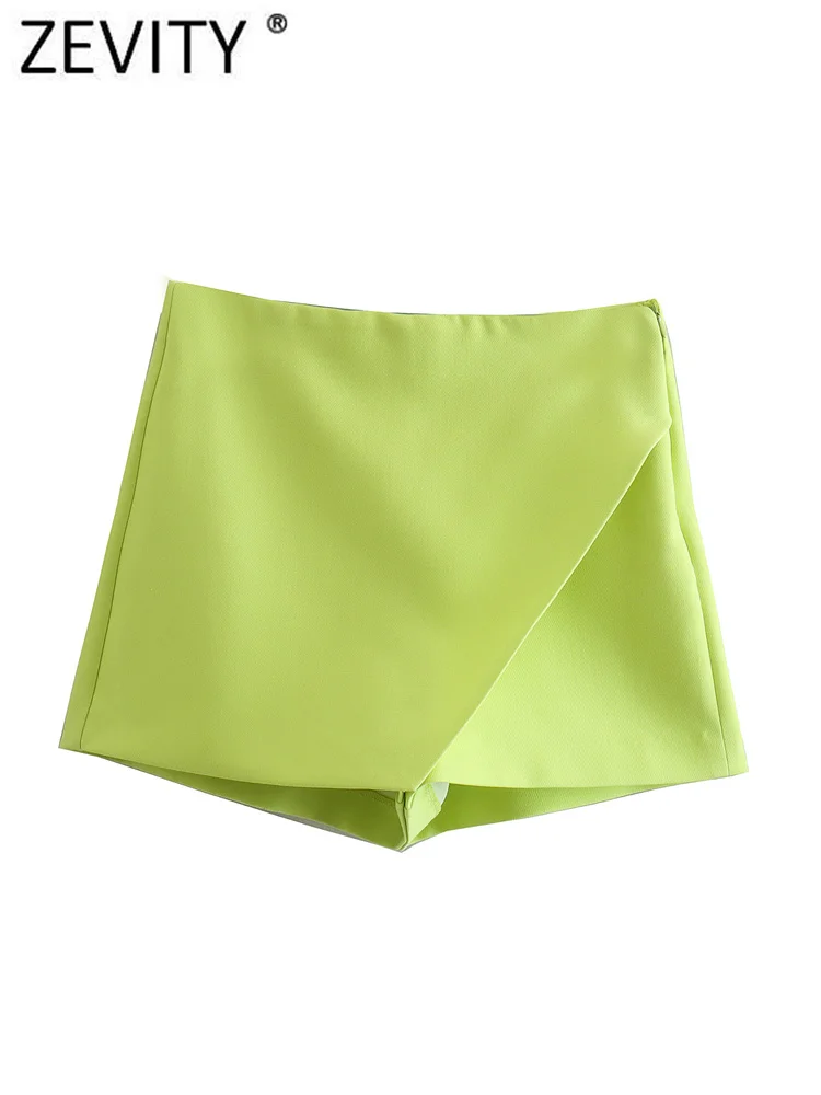 ZEVITY New Women Fashion Candy Color Asymmetrical Shorts Skirts Lady Zipper Fly Pockets Hot Shorts Chic Pantalone Cortos P532