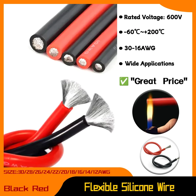 

1~20M 30/28/26/24/22/20/18/16AWG Super Soft Flexible Silicone Red Black Wire Heat Resistant Car Battery Electrical Power Cable