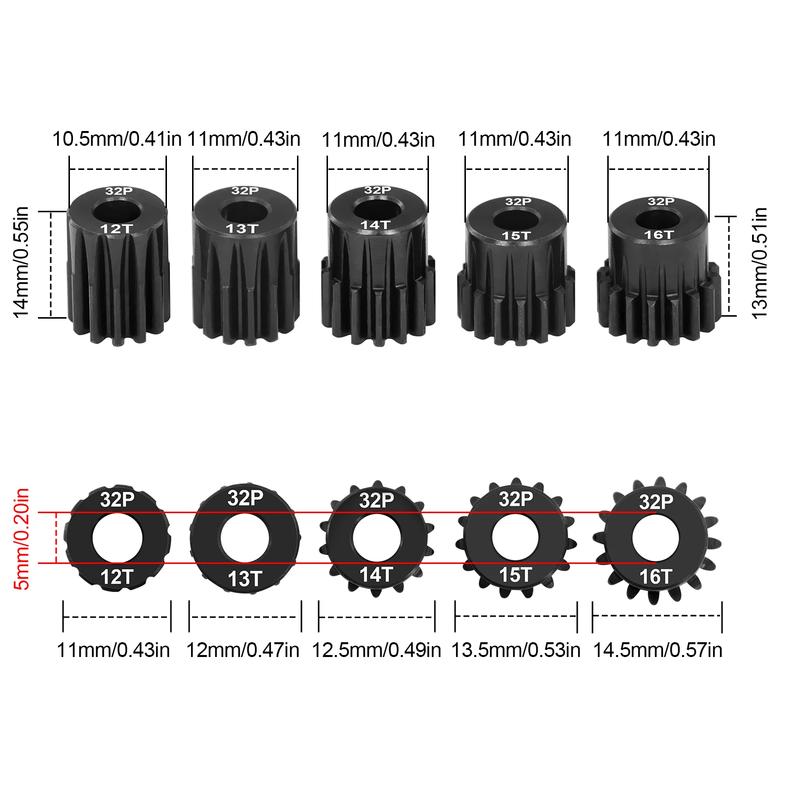 5PCS OGRC 32P 5mm/3.175mm Pinion Motor Gear 0.8M 12T 13T 14T 15T 16T Gear Set for 1/8 1/10 RC Car Monster Truck Buggy Parts