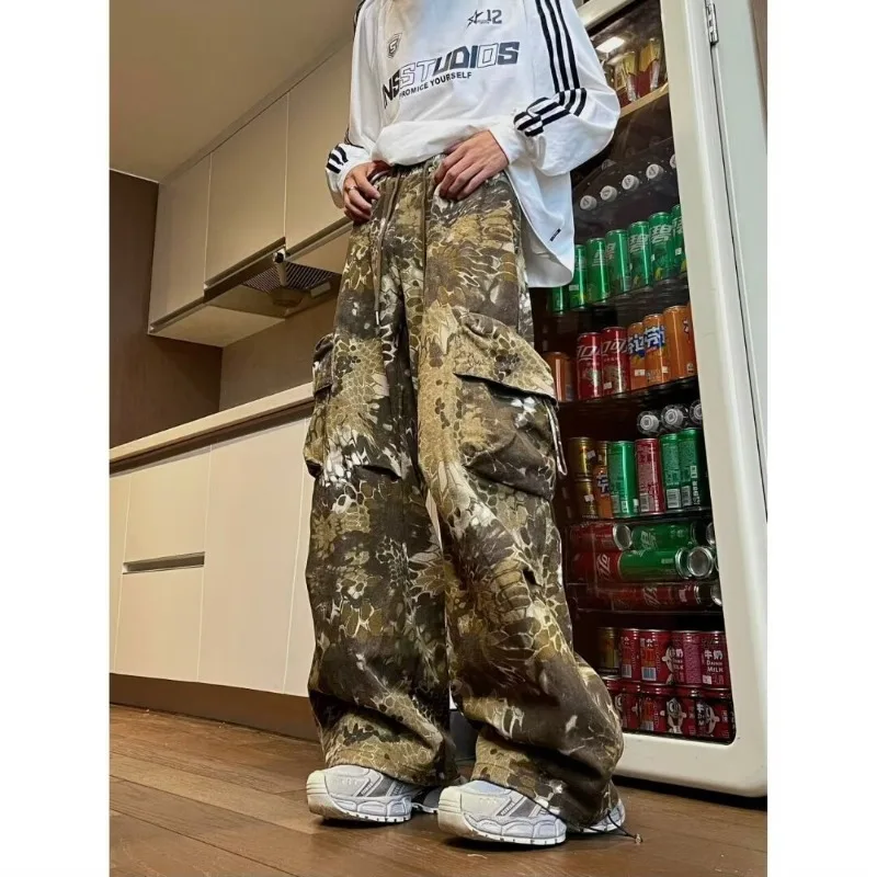 Snake Print Cargo Pants Hip-hop Design High Street Work Trousers Vintage Street Trousers Men's Women's Wide Leg Pants