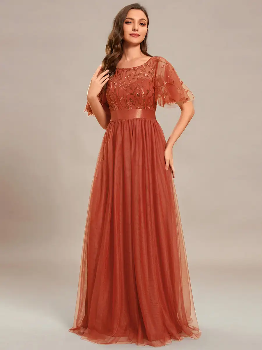 Elegante avondjurken Paillettenprint Maxi lang met kapmouw A-LIJN 2025, Ever Pretty of Gauze Burnt Orange Bruidsmeisjesjurk