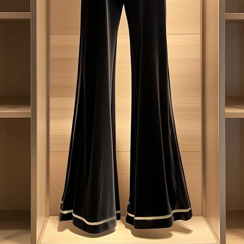 Nieuwe Mode Kleine Geur Fluwelen Flare Broek Vrouwen Herfst Winter Dikker Warme Hoge Taille Zwarte Casual Broek