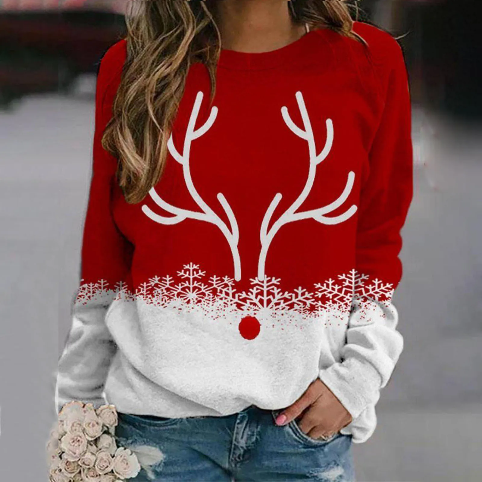 2024 Autumn and Winter Women\'s Shoulder Hoodie Snowflake Christmas Deer 3D Printed Round Neck Loose Long Sleeve T-shirt