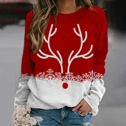 2024 Autumn and Winter Women's Shoulder Hoodie Snowflake Christmas Deer 3D Printed Round Neck Loose Long Sleeve T-shirt