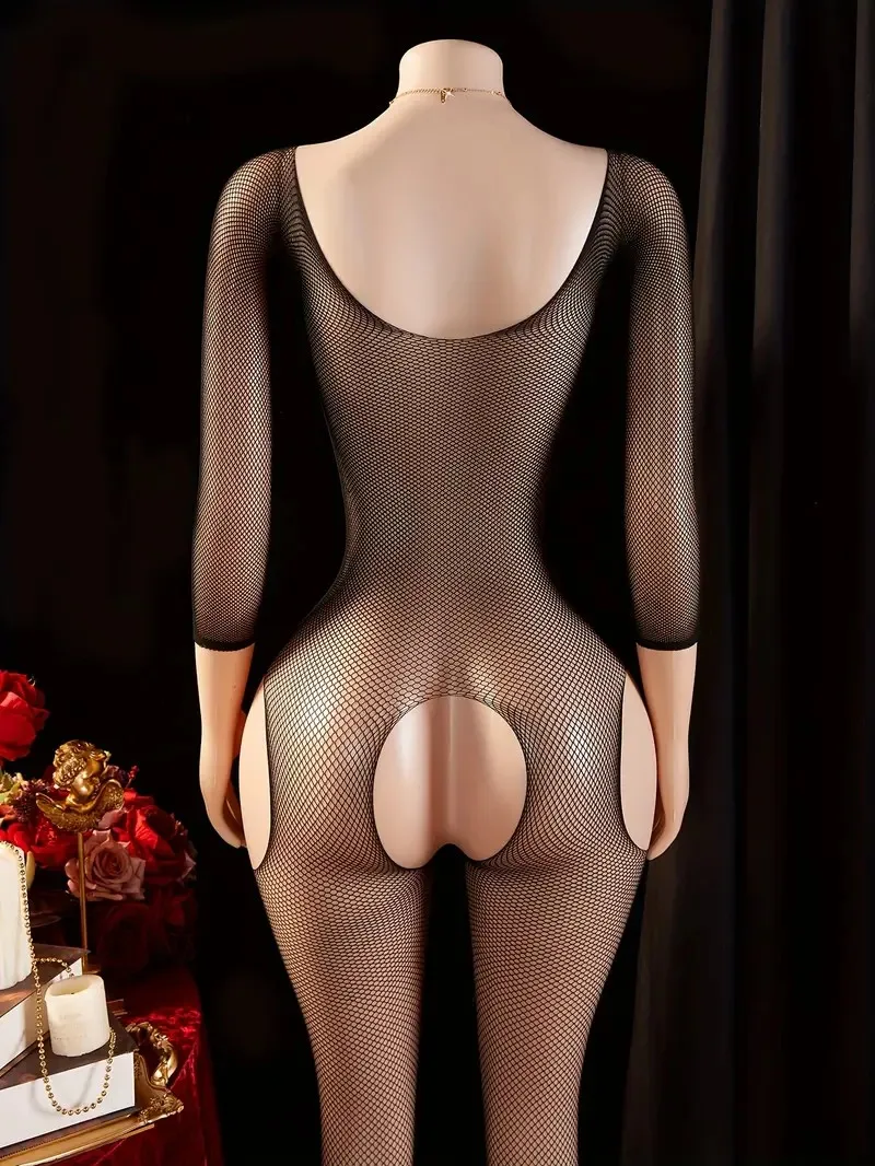 Artı boyutu file tayt erotik Crotchless iç çamaşırı kadın Slash boyun tam vücut çorap örgü şeffaf çorap seksi külotlu