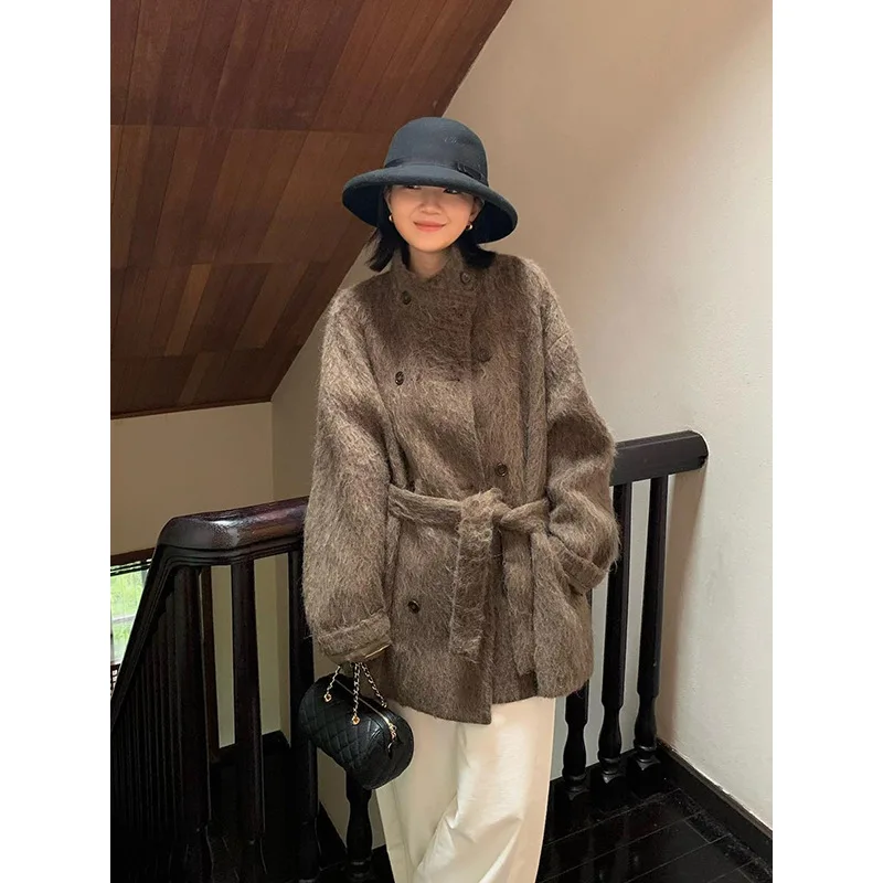 

2025Winter NewWomen winter coatsLong Wool Alpaca Stand Collar Wool Coat with Belt High-end Feel
