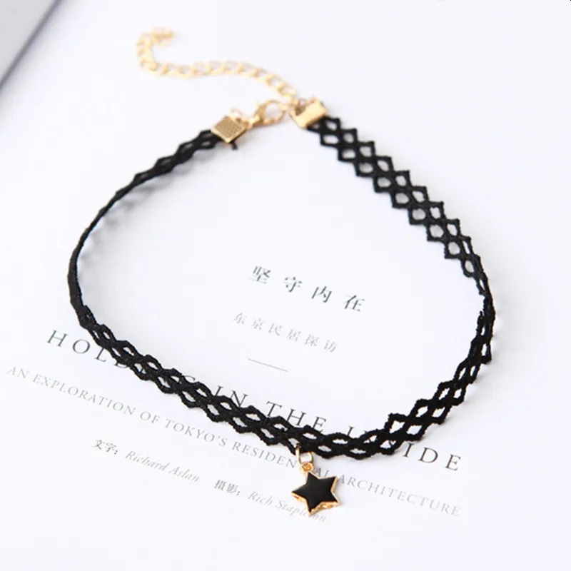 New Hot Sale Punk Lace Hollow Five-pointed Star Choker Necklace Gothic Black Velvet Bijoux Pendants Women Jewelry Clavicle Chain