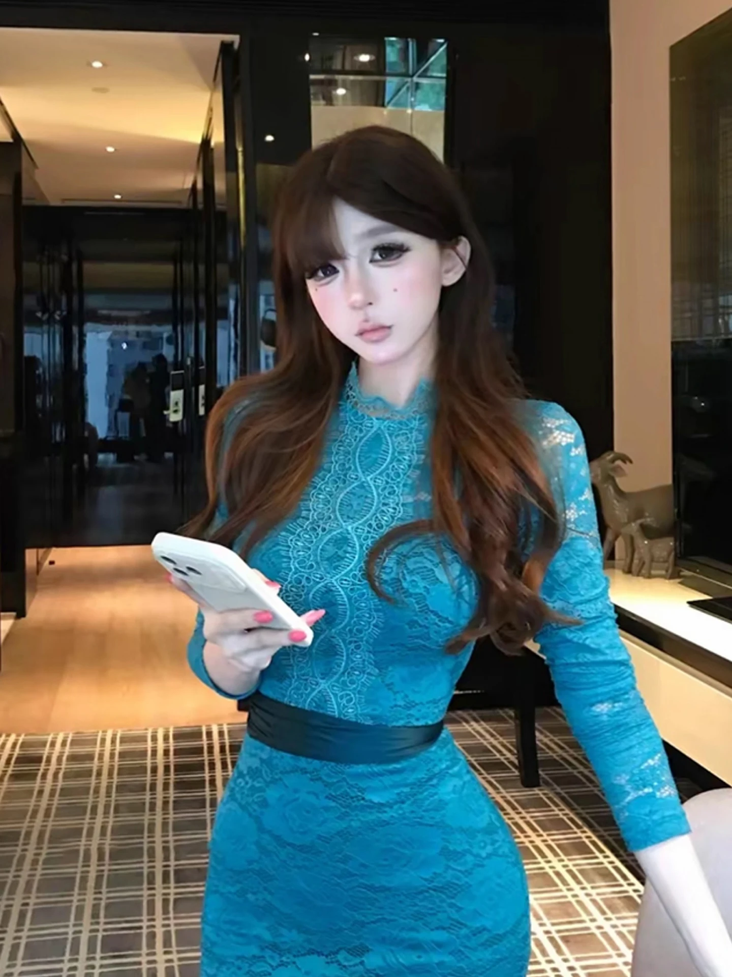 

XZY Сексуальное кружевное платье с принтом для женщин больших размеров, облегающее, с длинным рукавом, круглым вырезом, из полиэстера, повседневное