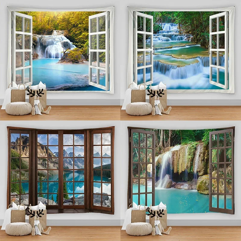 Bohemian style 3D window view decorative tapestry hippie wall decoration tapestry bedroom dormitory