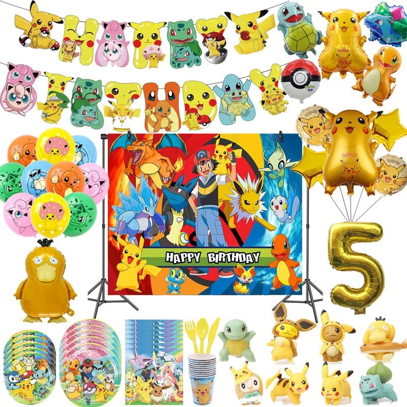 Pokemon-Geburtstagsparty-Dekorationen, Pikachu-Themen-Geschirrset, Tassen, Teller, Pikachu-Luftballons, Banner für Kinder, Eventzubehör