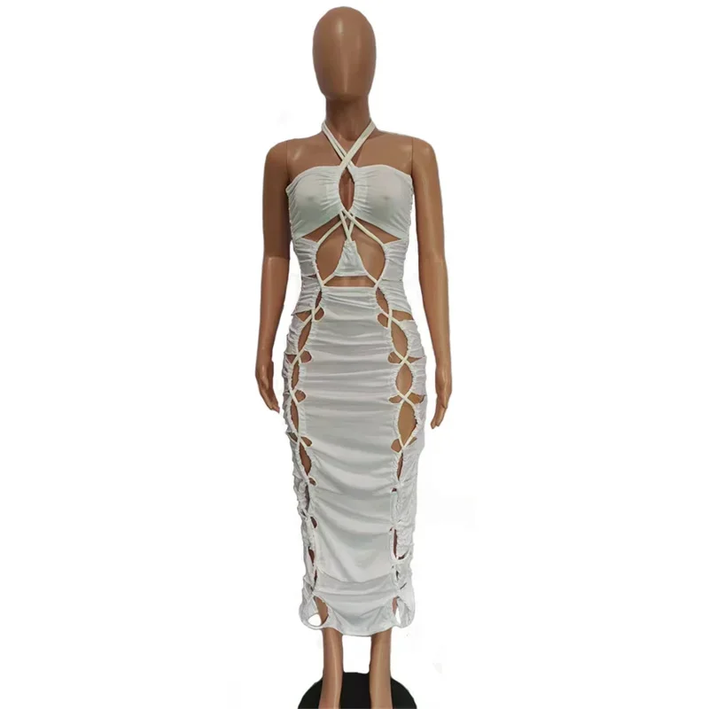 Women Solid Sexy Tie Caged Midi Dress Hollow Out Lace Up Halter Backless Zipper Ruched Bodycon Night Clubwear Party Dresses