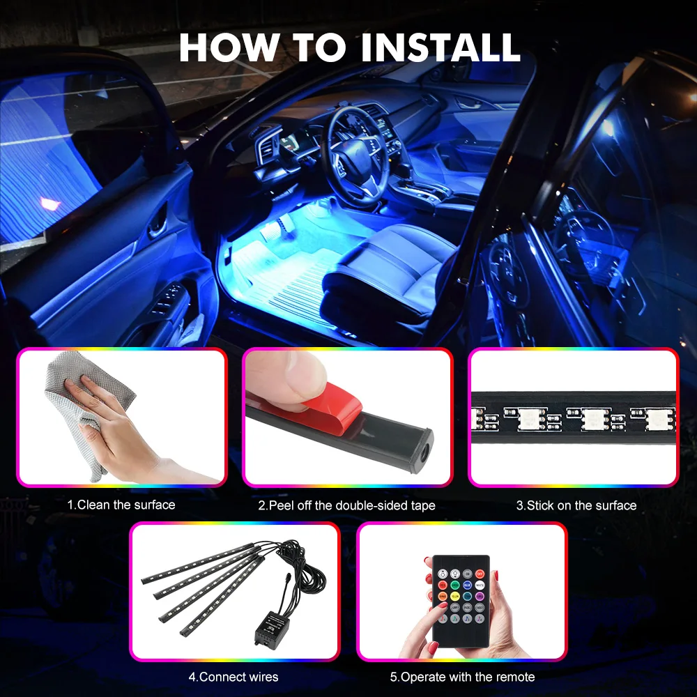 Neon 36 48 72 Car Interior Ambient LED Strip Lights Flexible Multi-color Remote Control USB/Cig Plug Ambient Car Decoration Lamp