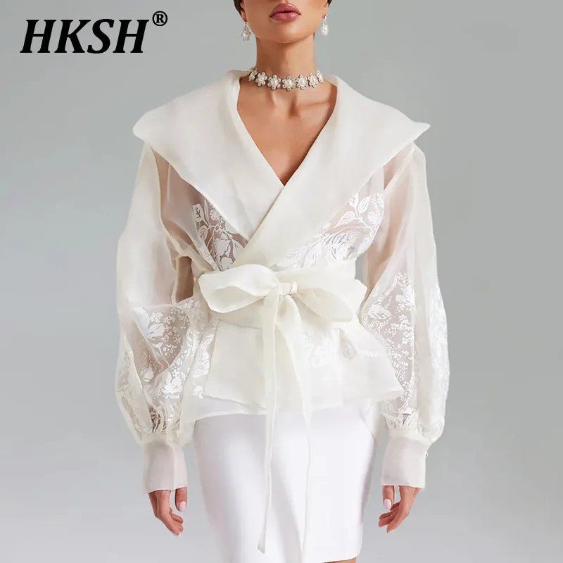 

HKSH Summer New Women Chic Fashion Elegant Original Design Vintage Large Turn-down Collar Tie Waisted Slimming Top Shirts HK5467