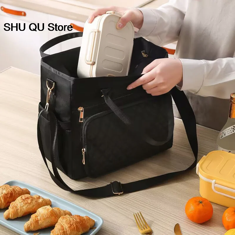 Large-Capacity portable lunch bag, lightweight double-layer quilted insulation bag, nylon lunch box with padded shoulder strap﻿