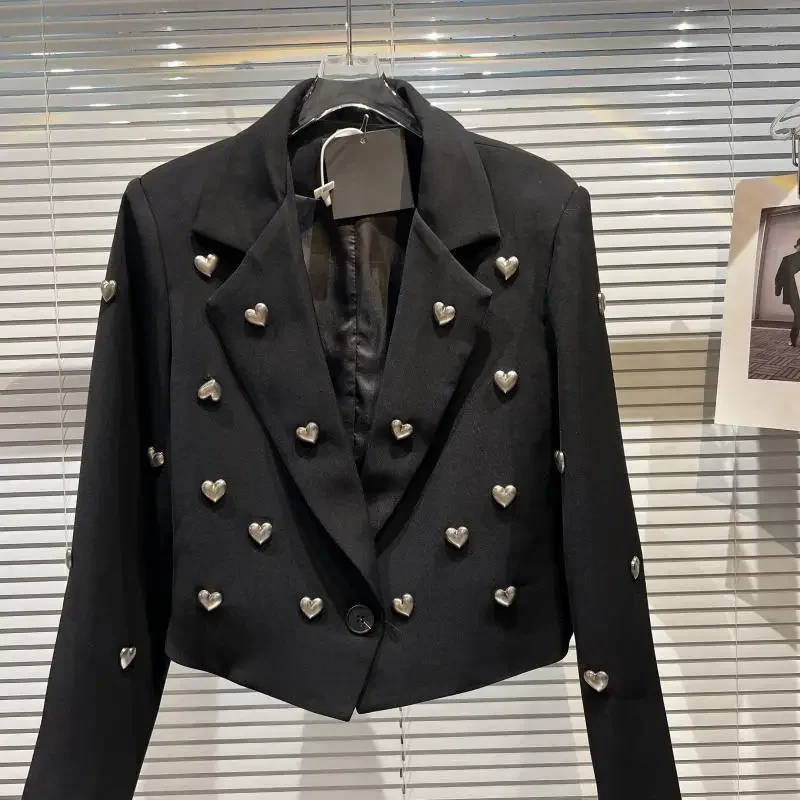 Chaqueta de traje corta en forma de corazón de Metal 3D para mujer, Blazer de manga larga negro, ropa para mujer, primavera y otoño, 2023