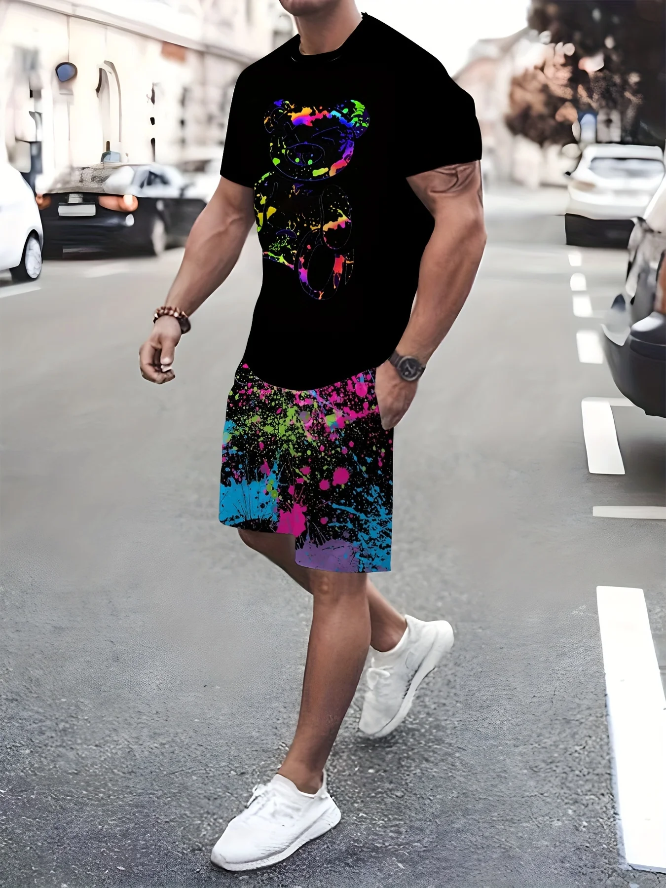 

GELITAYIN 2025 Summer New Bear 3D Printed Men's Suit Casual Short Sleeve Street Clothing Hip Hop