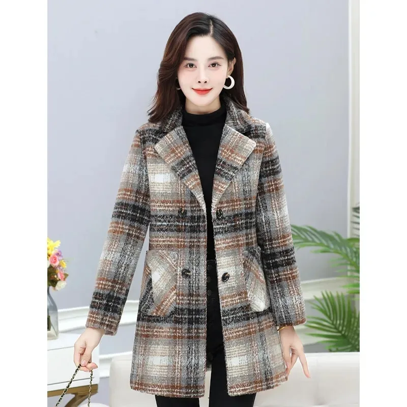 Women\'s Wool Coat Fashion Autumn Winter Plaid Jacket Korean Style Slim Double Breasted Woolen Blended Outerwear Tops Female