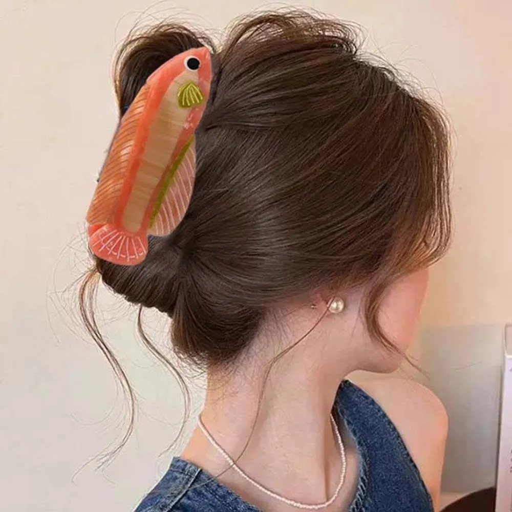 Pinza de Pelo Acrílica con Diseño de Pez Guppy, Estilo Coreano, Plateada, para Arowana, Tiburón, Pez Espada, Color en Contraste, de Ácido Acético, para Mujer