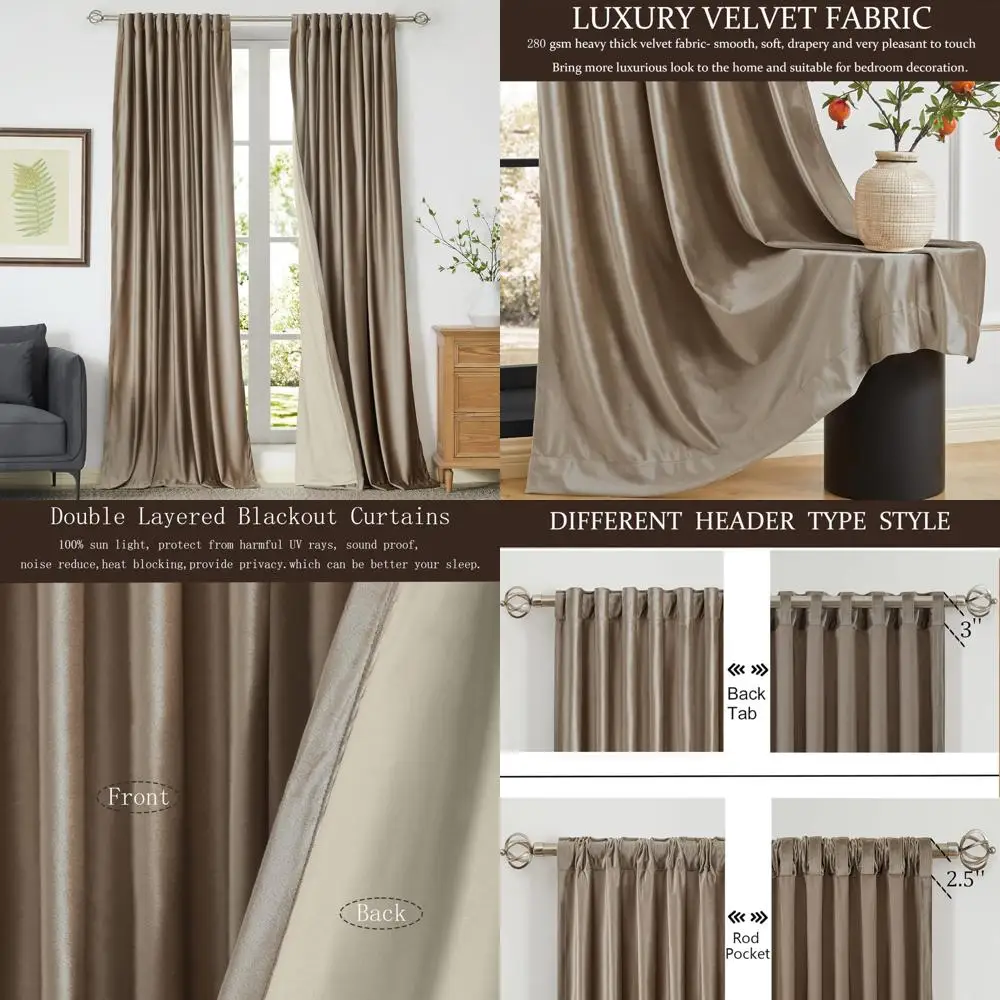 

"Taupe Velvet Living Room Curtains, 108 Inches Long, Set of 2 with Rod Pocket and Back Tab, Thermal Insulated Panels"