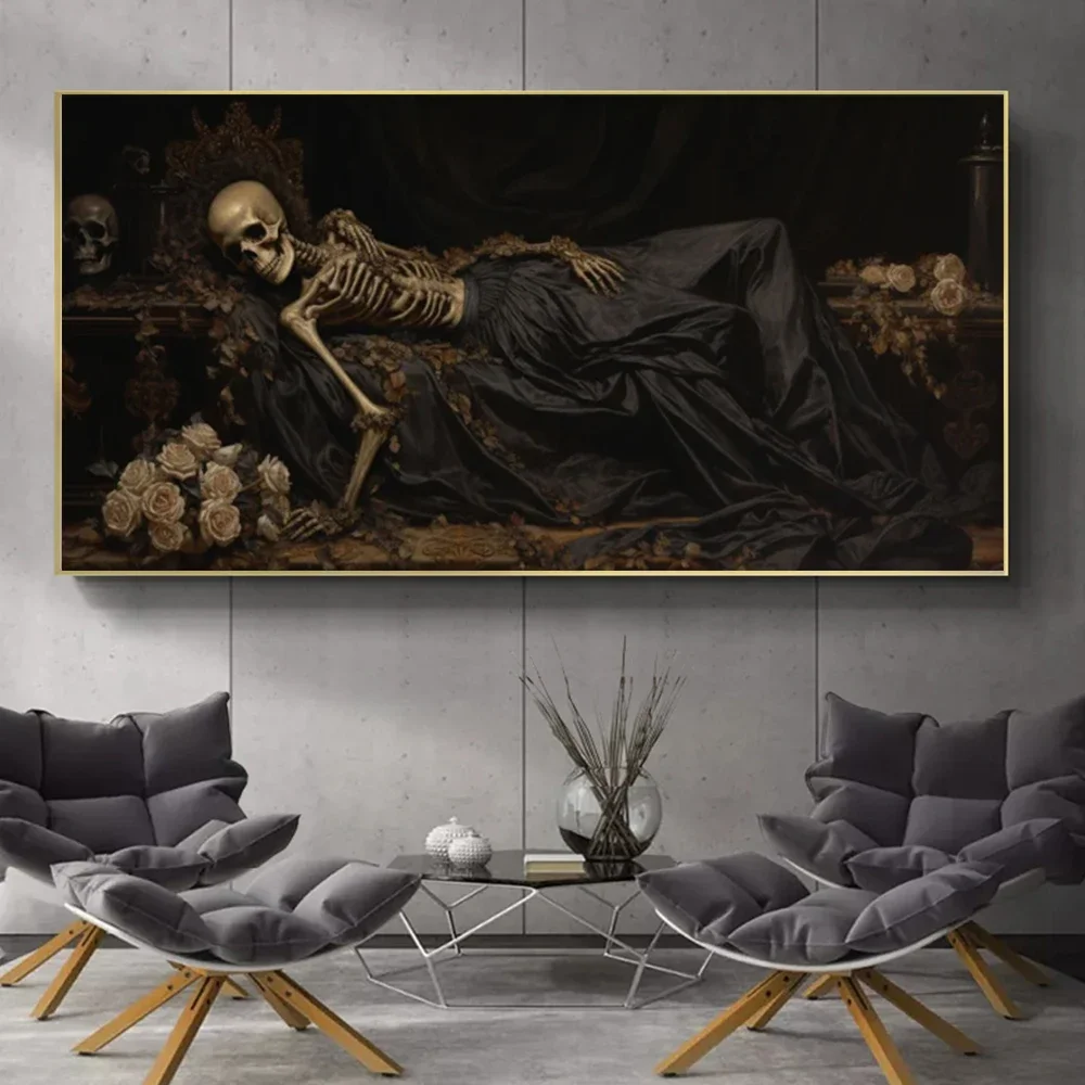 Dark Academia Wall Art Sleeping Skeleton Poster Print Creepy Victorian Eternal Slumber Skull Canvas Painting Gothic Home Decor