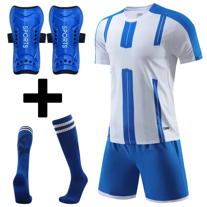 Custom Men Kids Football Jersey Suit Quick Dry Breathable Club School Soccer Team Training Uniforms Football Shin Pads and Socks