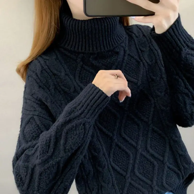 Sweater Women\'s Winter Commuter Loose Fitting Elegant High Neck Knitted Lapel Thickened Base Sweater Women\'s Clothing D116