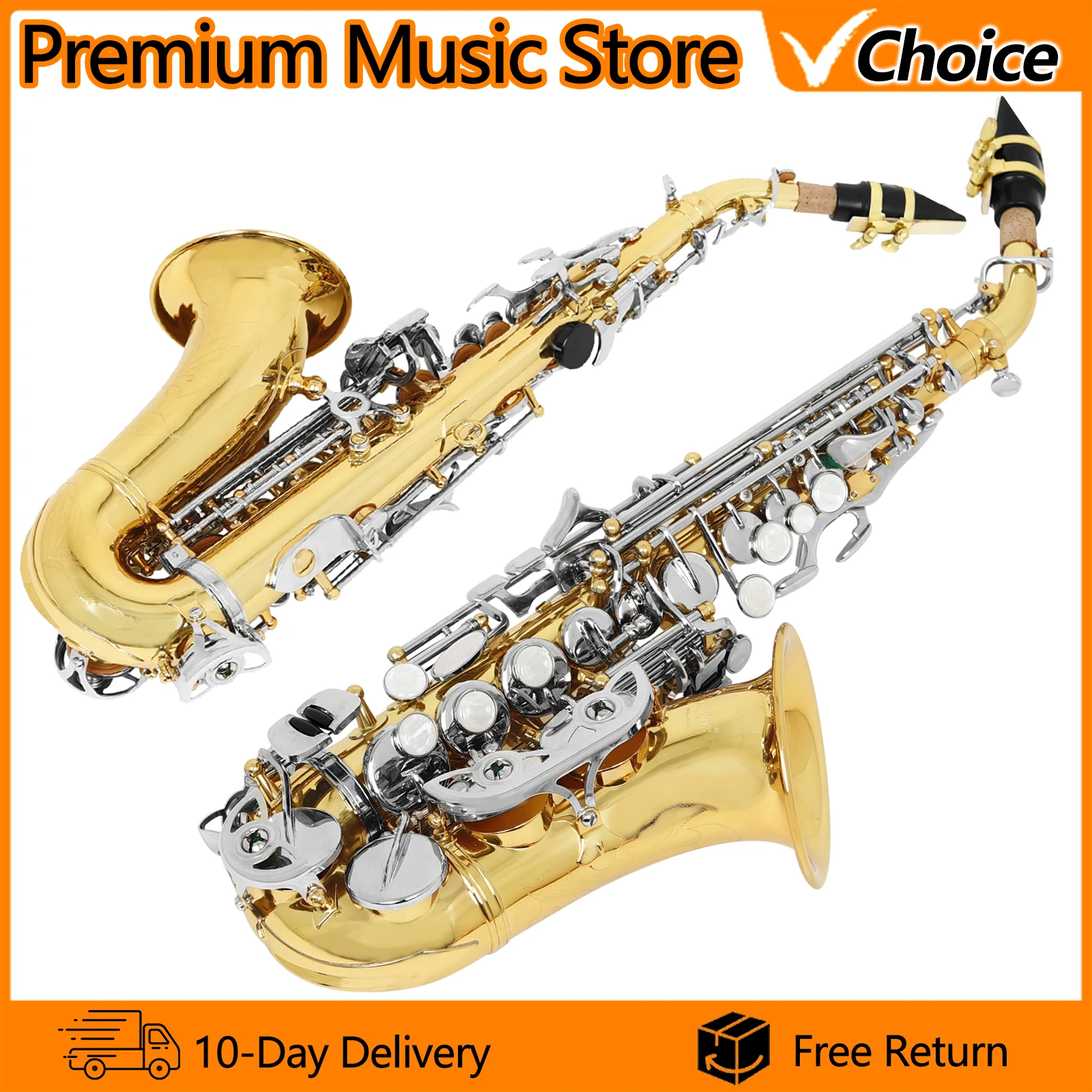 SLADE Bb Flat Soprano Saxophone Brass Small Bend Body White Shell Gold Silver Bond Professional Winds Instrument with Bag Brush
