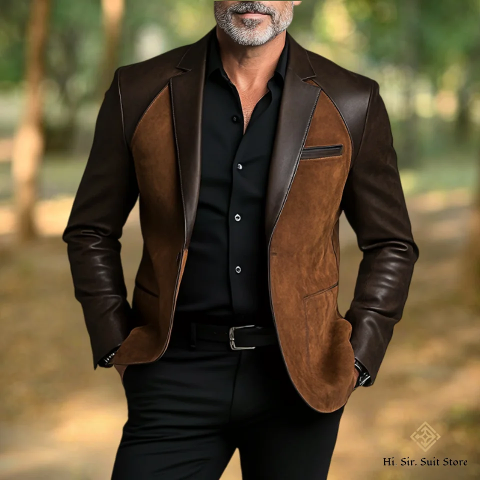 

Classic Men's Suit Coat PU Splicing Notched Lapel Tuxedos Peaked Breasted Groom Wear Business Party Blazer Designer Customized