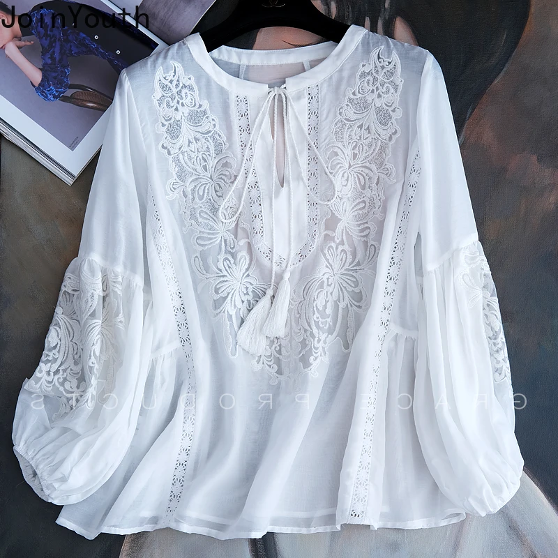 Blusas Mujer De Moda 2023 Summer Elegant Blouses Women\'s Clothing Embroidery Lantern Sleeve Shirts Loose Lace White Tops Femme