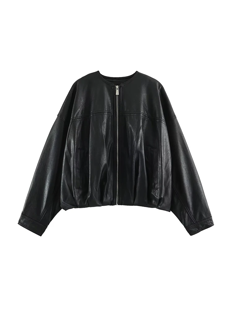 TFMLN Women's Pu Jacket 2026 Autumn New Arrival Black Long-Sleeve Faux Leather Loose Fit Jacket Simple Casual Style Coat Lady