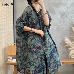 Women's Half Sleeve FFashionable Vintage Printed Midi Blouses Summer New Female Clothing Casual Loose Single-breasted Shirt