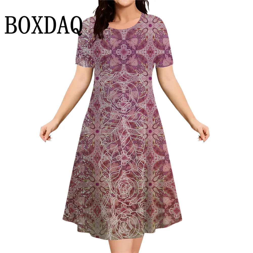 Summer Retro Ethnic Print Dresses For Women's Elegant Mini Dresses Casual Female Short Sleeve Dress Fashion Plus Size Clothing
