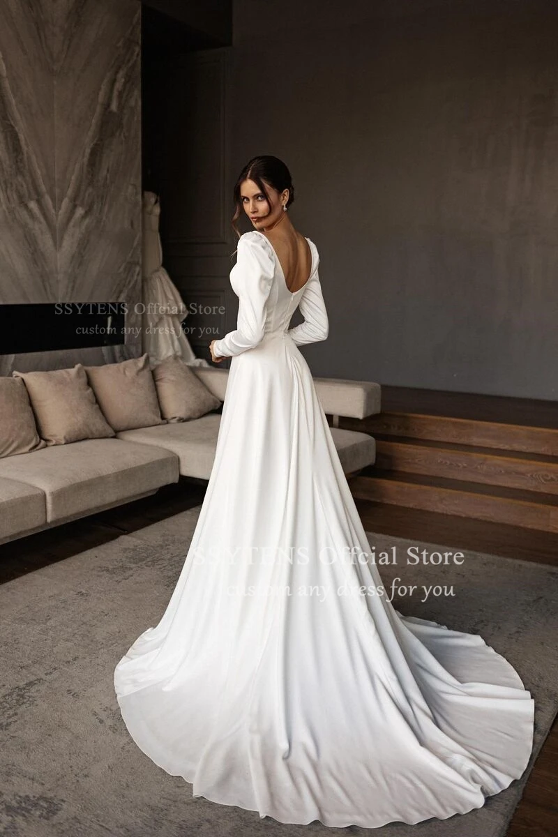 SSYTENS Elegant A-Line Buttons Wedding Dresses V-Neck Long Sleeves Slit Floor Length Sweep Train Customized Civil Bride Gowns