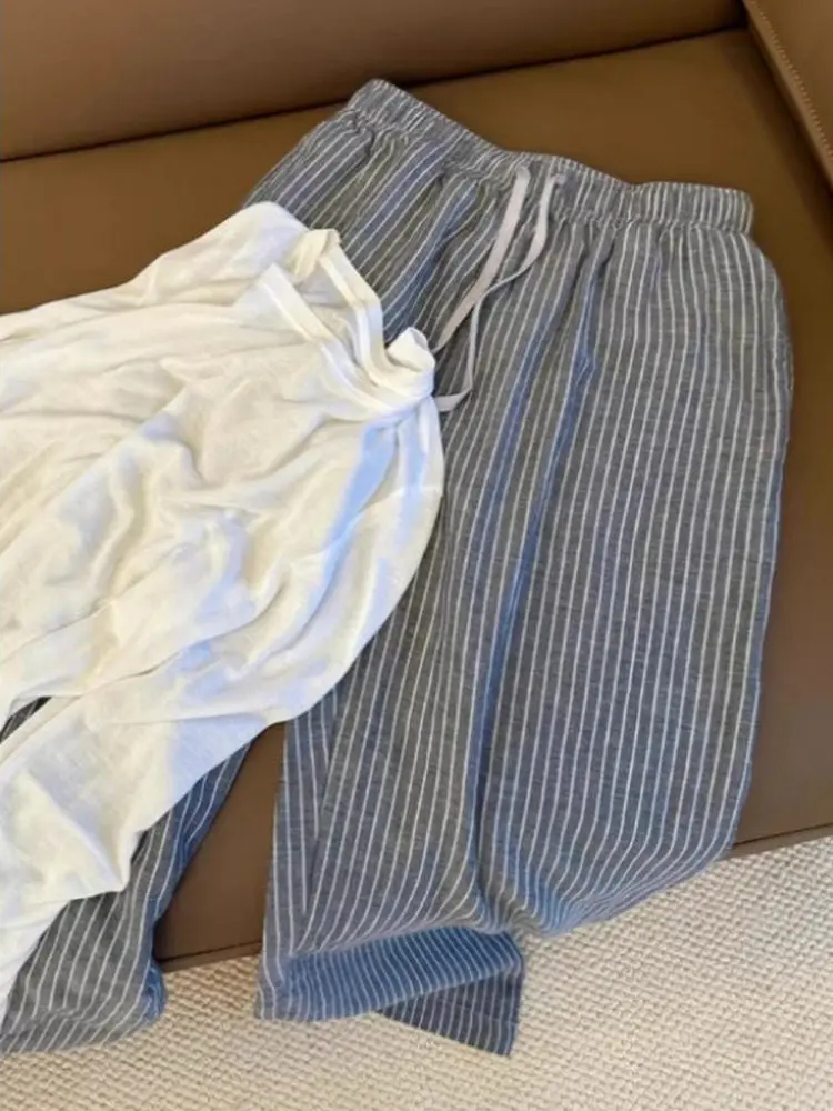 

Серые льняные брюки в полоску с широкими штанинами для женщин, весенне-осенние повседневные прямые брюки с высокой талией и эластичным поясом, женские брюки