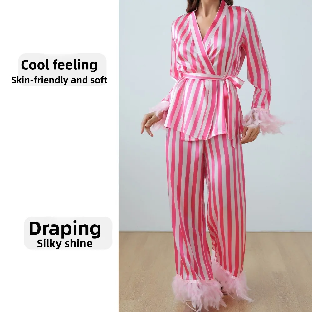Spring Autumn New Feather Silk Satin Long-sleeved Trousers V-neck Pink White Striped Women's Loungewear Set 2 PCS Set