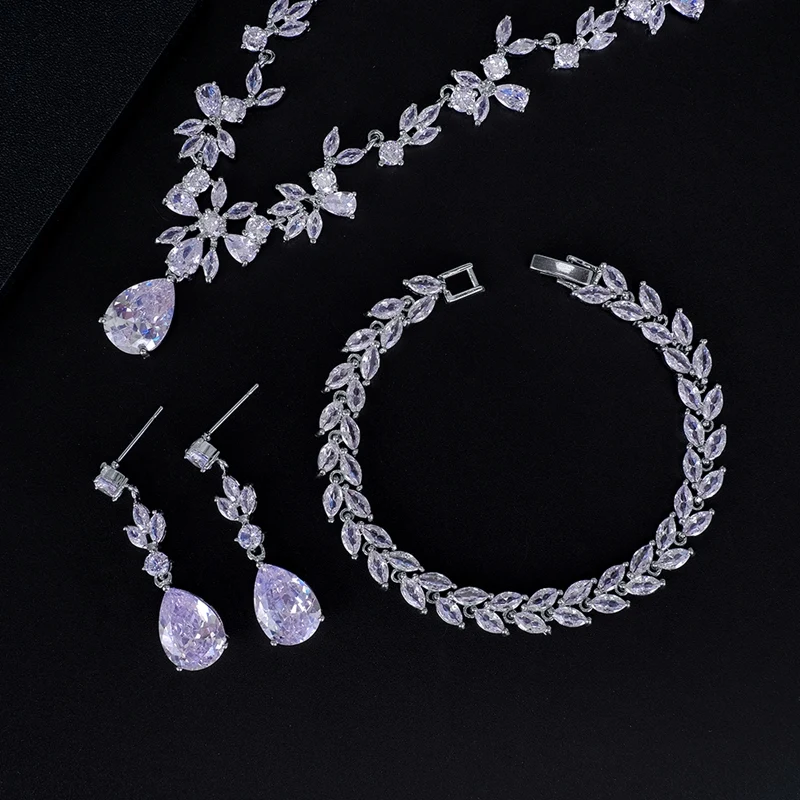 Ekopdee Gorgeous New Luxury Shiny Cubic Zirconia Teardrop Necklace Earrings Bracelet Jewelry Sets For Wedding Women Jewellery