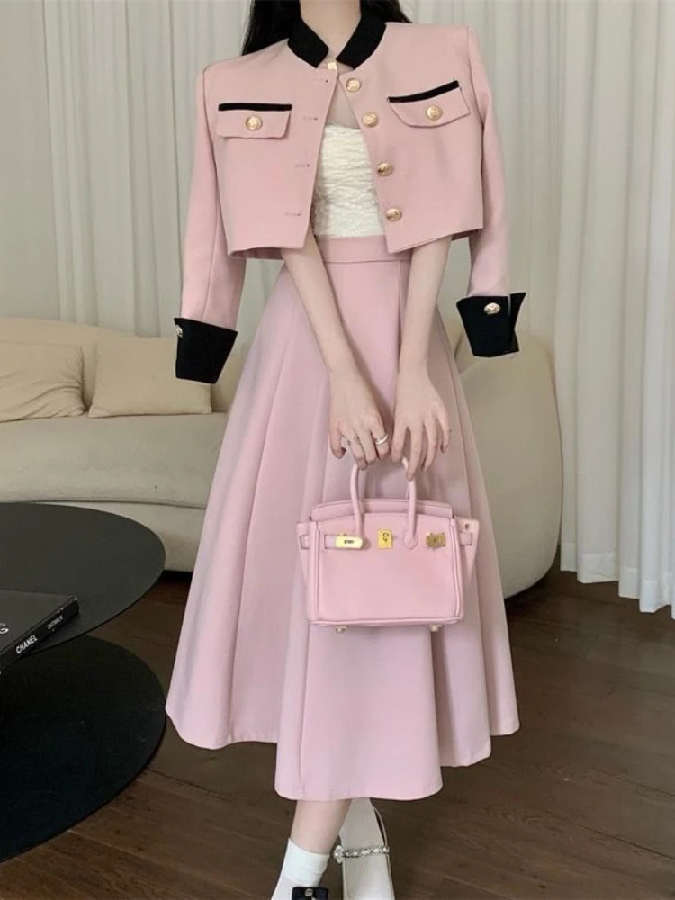 

Elegance Comfortable Office Lady Set New Autumn Colored Stand Up Neck Short Style Splice Top Mid-length Skirt Set Two Piece