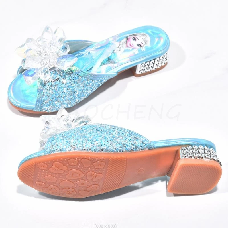 Sequined Princesse Children Girls Summer Sandals Slipper Frozen Elsa High Heel Party Dress Shoes Leather Slipper For Kids Slides