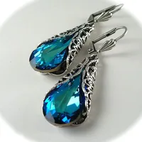 Vintage Big Blue Water Drop Zircon Earring Fashion Hollow Long Earrings For Women's Gift Dangle Earrings Hanging