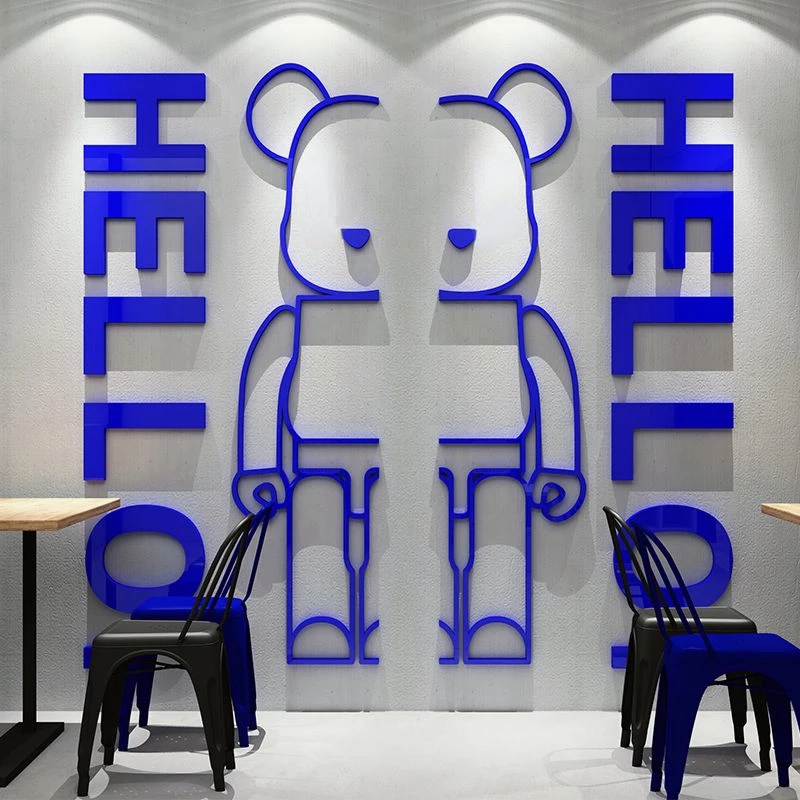 Acrylic Bearbrick Wall Sticker with Hello Letter Cartoon DIY Self-adhesive Wall Decal Mirror Bear Brick Wallsticker Home Decor