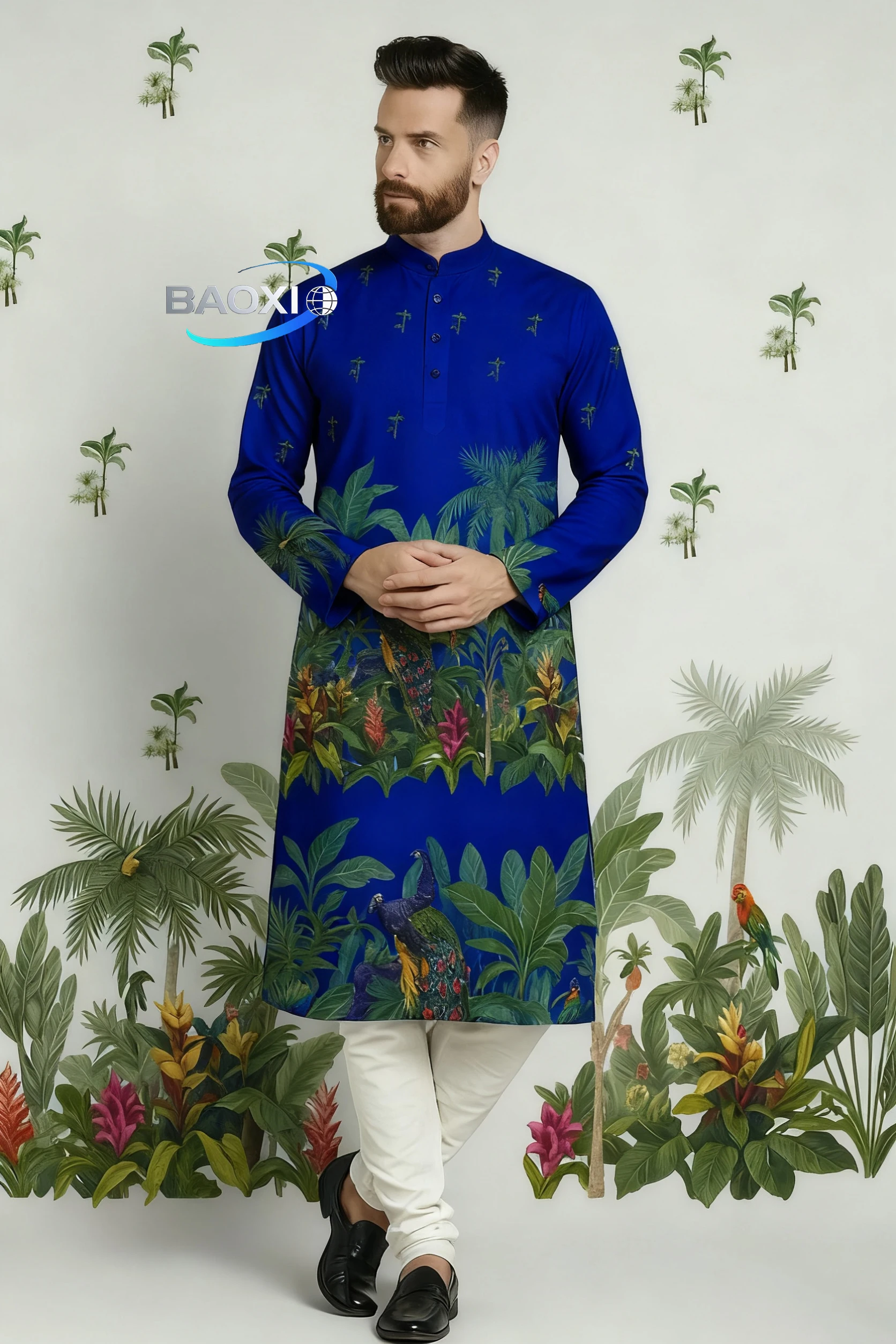 Męska kurta Kurt z nadrukiem, dopasowana, z kołnierzykiem mandaryńskim, długa szata odpowiednia na każdą okazję, takie jak ekskluzywne miejsca weselne.