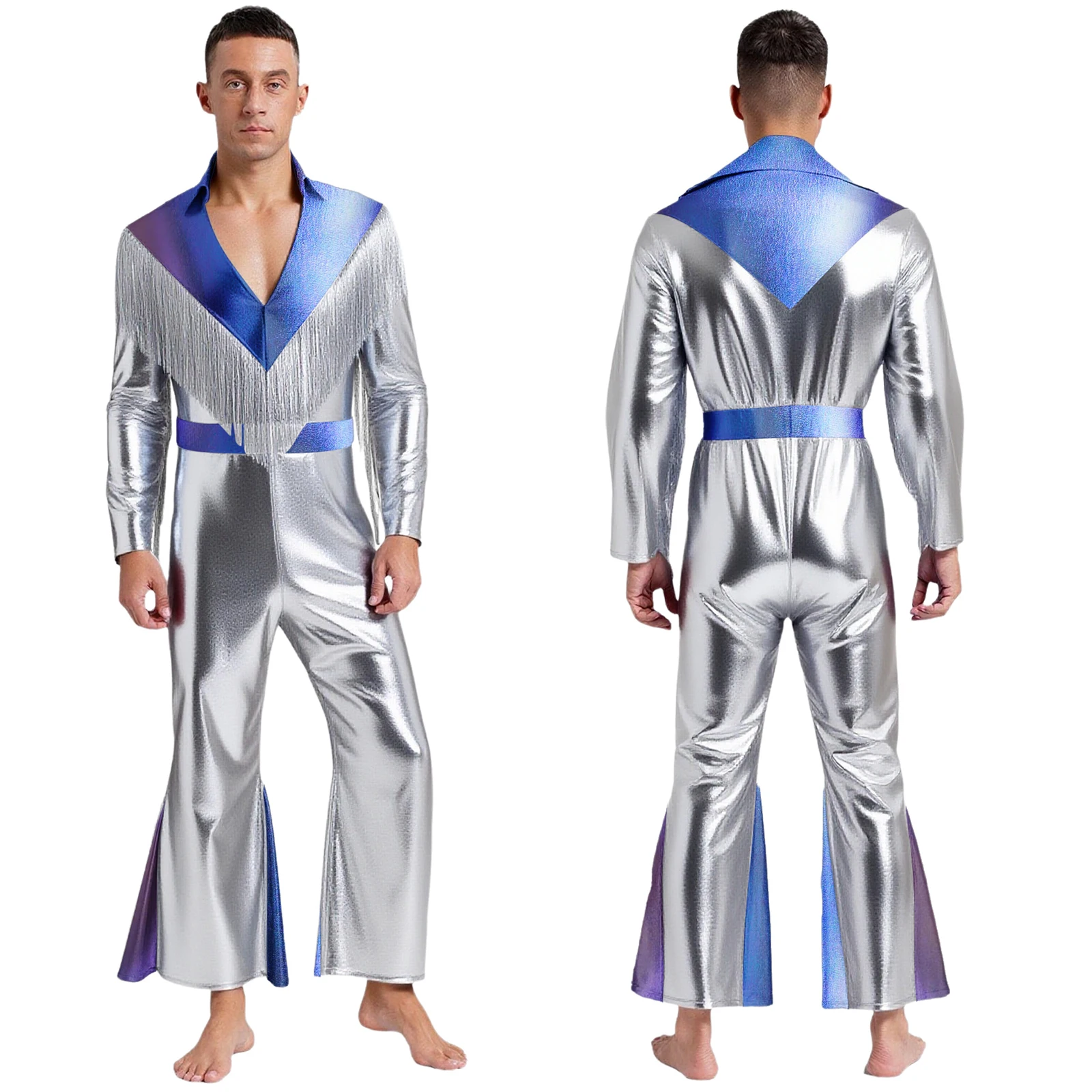 

Men's Party Club Hippie Disco Jazz Waltz Dance Performance Jumpsuit Romper Fashion Holographic Tassel Decor Stage Showings Suits