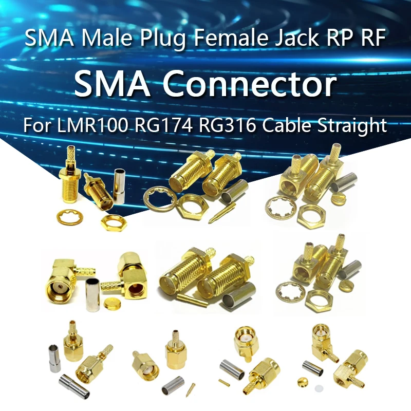 SMA Male Plug Female Jack /RP RF Coax Connector RP Male Female Crimp For LMR100 RG174 RG316 Cable Straight Goldplated Adapter