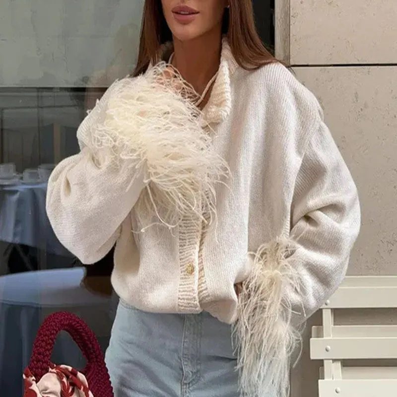 

Женские лоскутные свитера с перьями, кардиган, осень-зима, женские однобортные вязаные пальто с длинными рукавами, женский элегантный трикотаж